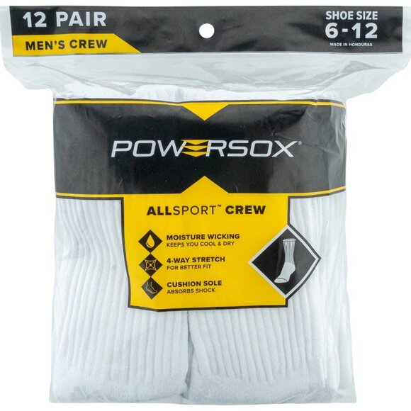 New Men's 12 Pair Powersox AllSport Moisture Wicking Crew Socks White Sizes 6-12 - Picture 1 of 5